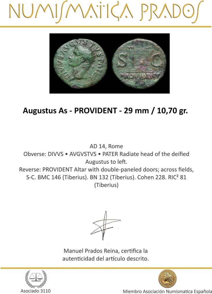 Ρωμαϊκή Αυτοκρατορία. Augustus (27 BC-AD 14). As PROVIDENT  (χωρίς τιμή ασφαλείας) #1.0