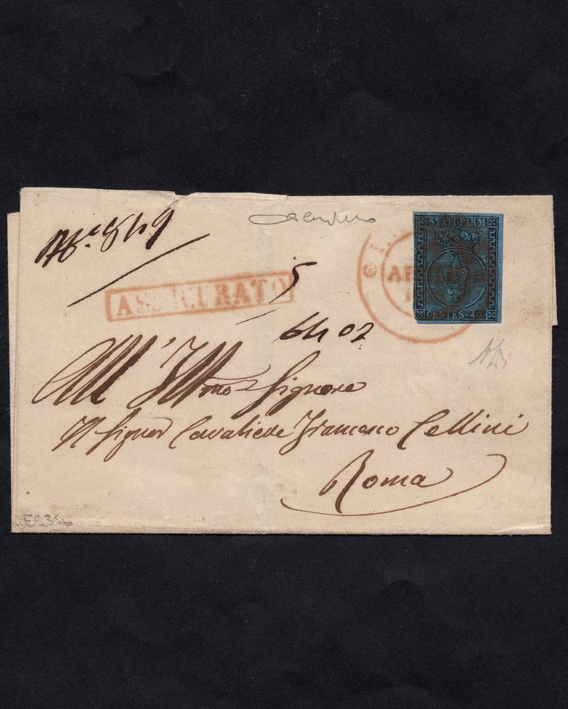 Starożytne państwa włoskie - Parma 1852 - 40 c. niebieski na list polecony od Parma do Rzymu. - Sassone 5 #1.0