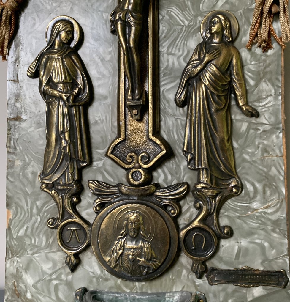 老式 (十字架状)耶稣受难像 (2) - 木, 黄铜 - 1930-1940 - 十字像圣水盆  #4.3