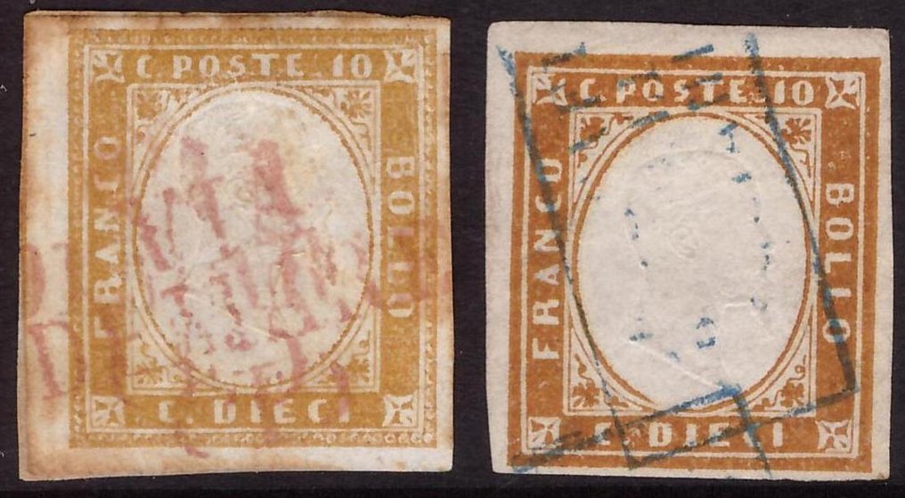 Italienska forntida stater - Sardinien 1862/1863 - två avslag Vie di mare 8 poäng och R1 - Sassone 14Dh 14Ea #1.0