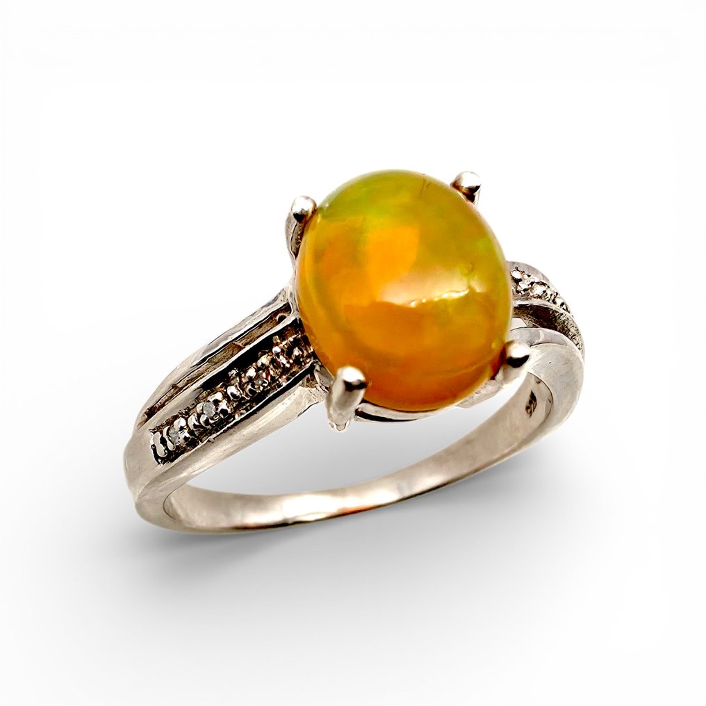 Ingen reservasjonspris - Ring Sølv - Opal, Diamant (sertifisert) #1.0