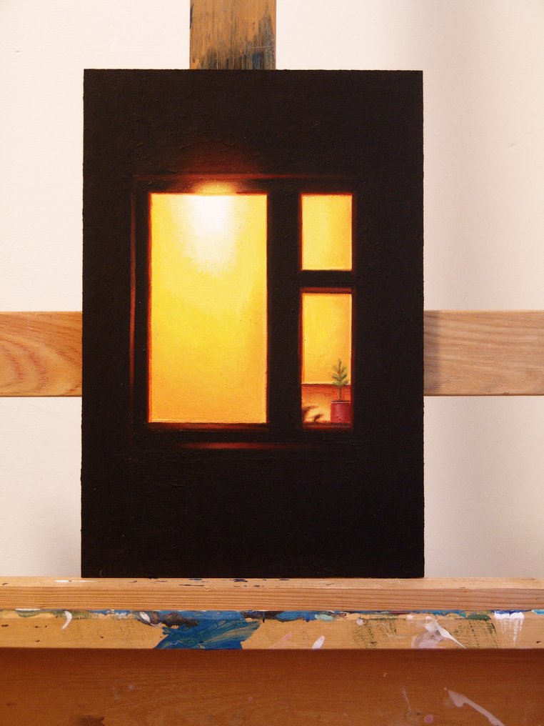 Gerard Boersma (1976) - Night Window (painting of a darkened house facade with lit interior) #2.1