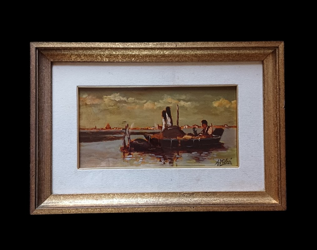 Alessandro Milesi (1856-1945), Attrib. - Laguna veneta con pescatore #1.0