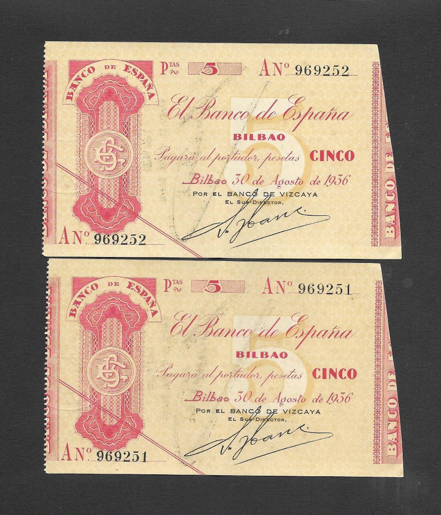 Spain. - 2 x 5 Pesetas - 1936 - Consecutive  (No reserve price) #1.0