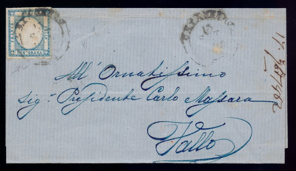 Αρχαία ιταλικά κράτη - Νάπολη 1861 - Περιφέρεια Napoletane, 2 γραμ. αζούρρο τσαρό, 4 coves. Υπογεγραμμένο Merone και Sassone. - Sassone 20 #1.0