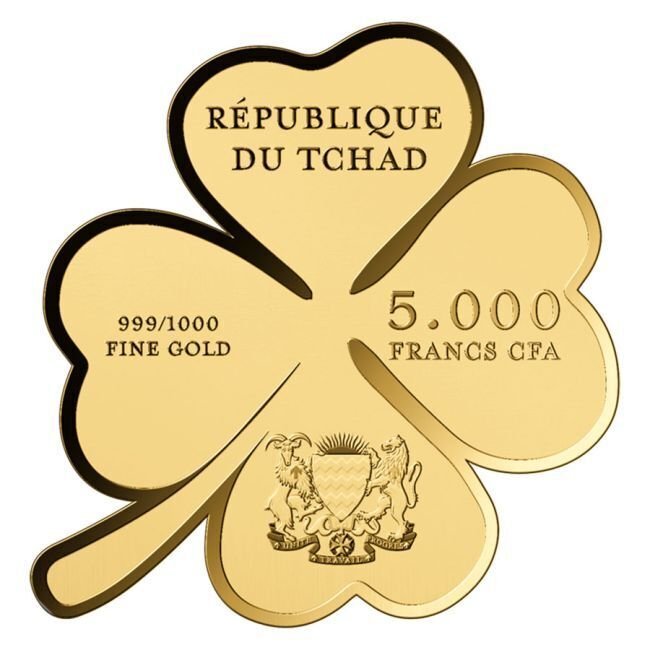 乍得. 5000 Francs 1/200 oz 999 Fine GoldLucky Cloverleaf Shaped Coin (w/ Box & COA) (没有保留价) #2.1