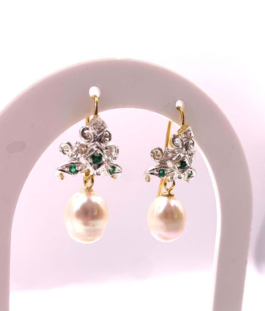 没有保留价 - 鸡尾酒耳环 - 9 kt. 黄金, 银 珍珠 - 钻石 - Smeraldi #1.0