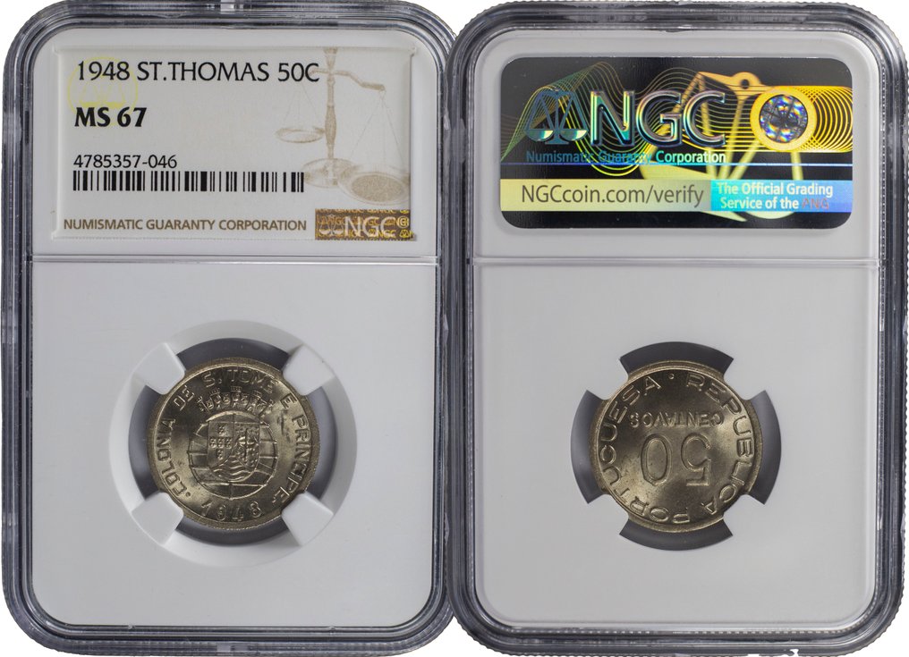 圣多美和普林西比(葡萄牙领土). República. 50 centavos 1948 - NGC - MS67 - Top Graded - Muito Rara #2.1