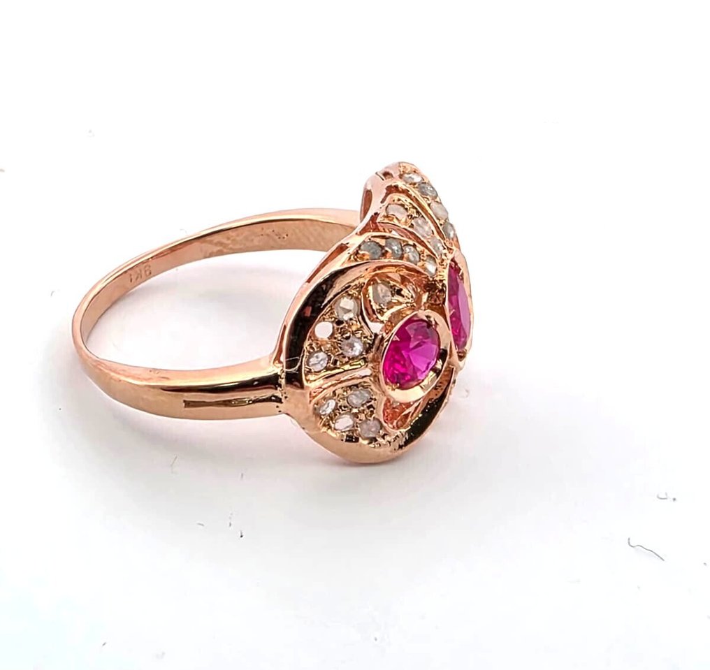 Ohne mindestpreis - Ring - 9 Kt Roségold, Silber Rubin - Diamant #4.3