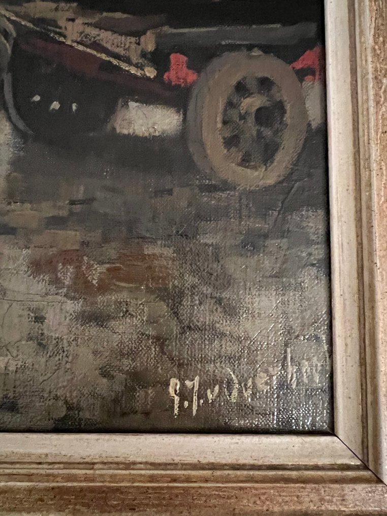 J .G van Overbeek (1882-1947) - Seven draught horses in a row with in the background the Maaskade #1.0