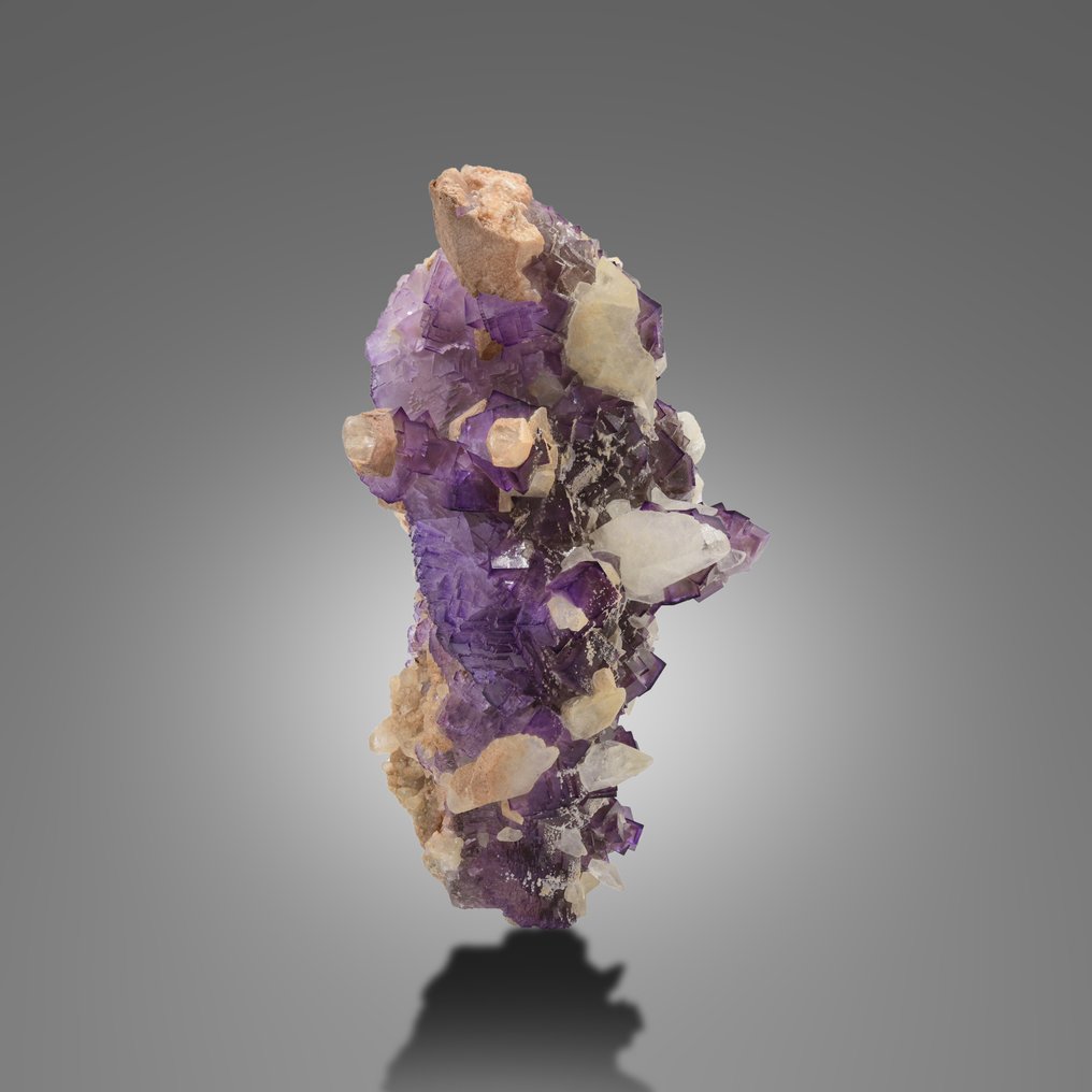 Extraordinary Well Terminated Pure Purple Fluorite Cubic With Calcite On Matrix Specimen - Height: 190 mm - Width: 120 mm- 1540 g - (3) #3.2