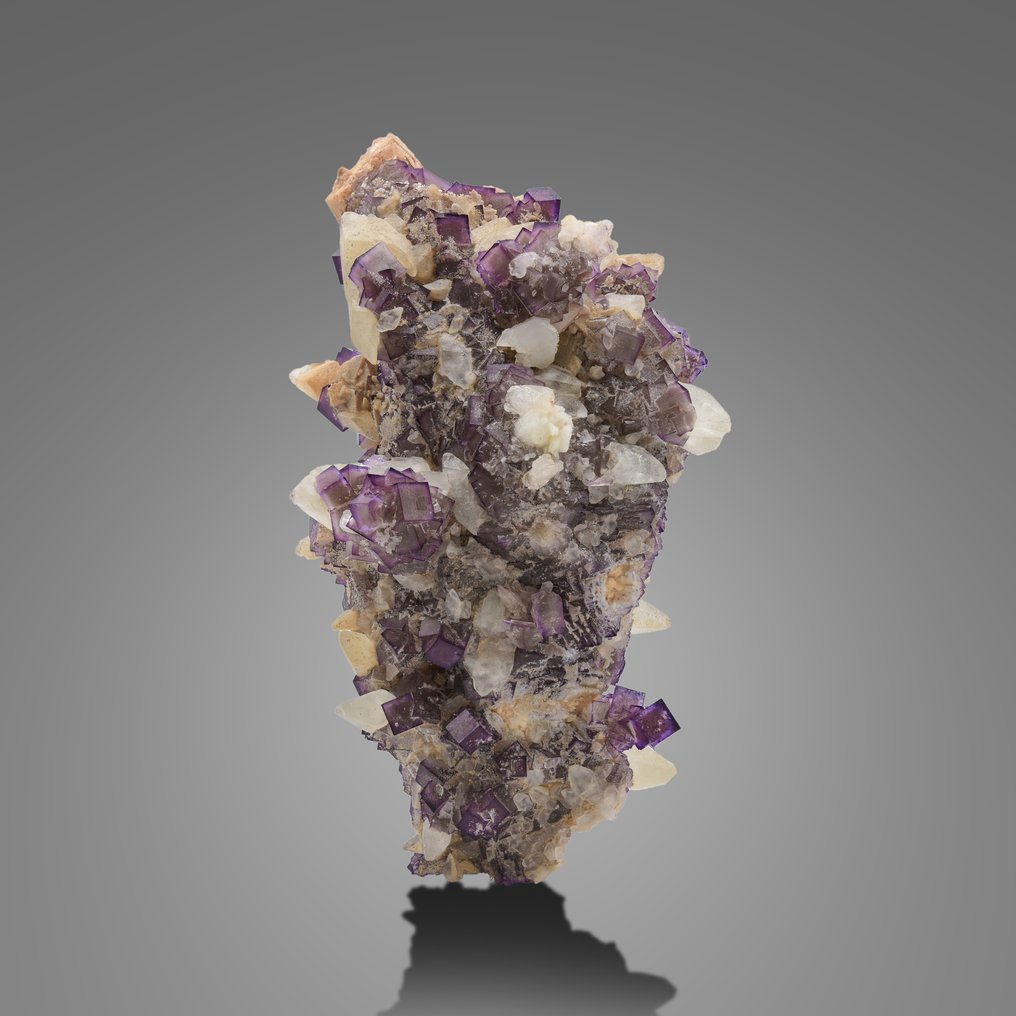 Extraordinary Well Terminated Pure Purple Fluorite Cubic With Calcite On Matrix Specimen - Height: 190 mm - Width: 120 mm- 1540 g - (3) #1.0