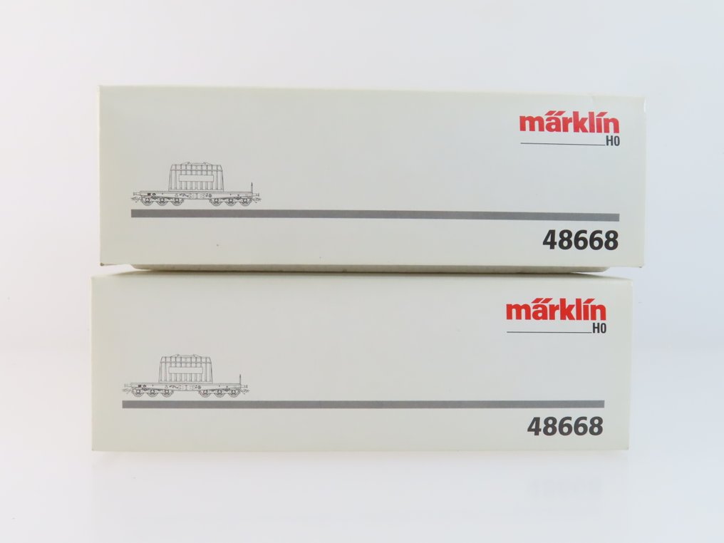 Märklin H0 - 48668 - Modelltog godsvogn (2) - 2x 6-akslede plattformvogner med last (transformator med påtrykk «HKM») - DB #4.3
