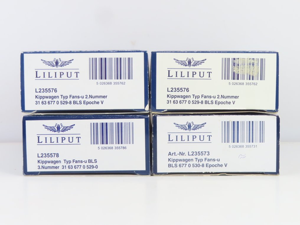 Liliput H0轨 - L235576/L235578/L235573 - 模型火车货运车厢 (4) - 4x 4轴吊车/侧卸车,部分带货物 - BLS #4.3