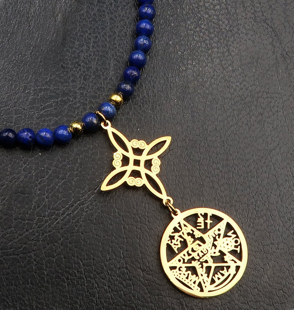 青金石 - 巫师结，四字符五角星 - 魔法保护，神圣连接，14K GF黄金扣 - 吊坠项链 #4.3