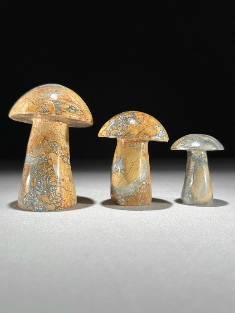 无底价 - 精美的3件黄马利加诺碧玉套装 蘑菇形状- 900 g - (3) #1.0