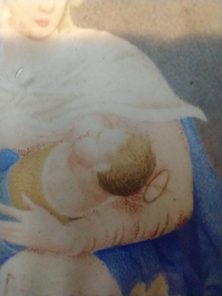 Madre Maria con Gesù e un cesto di frutta - Placchetta - Acquerello su carta in cornice di ottone #3.2