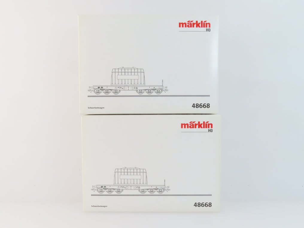 Märklin H0 - 48668 - Modelltog godsvogn (2) - 2x 6-akslede plattformvogner med last (transformator med påtrykk «HKM») - DB #3.2