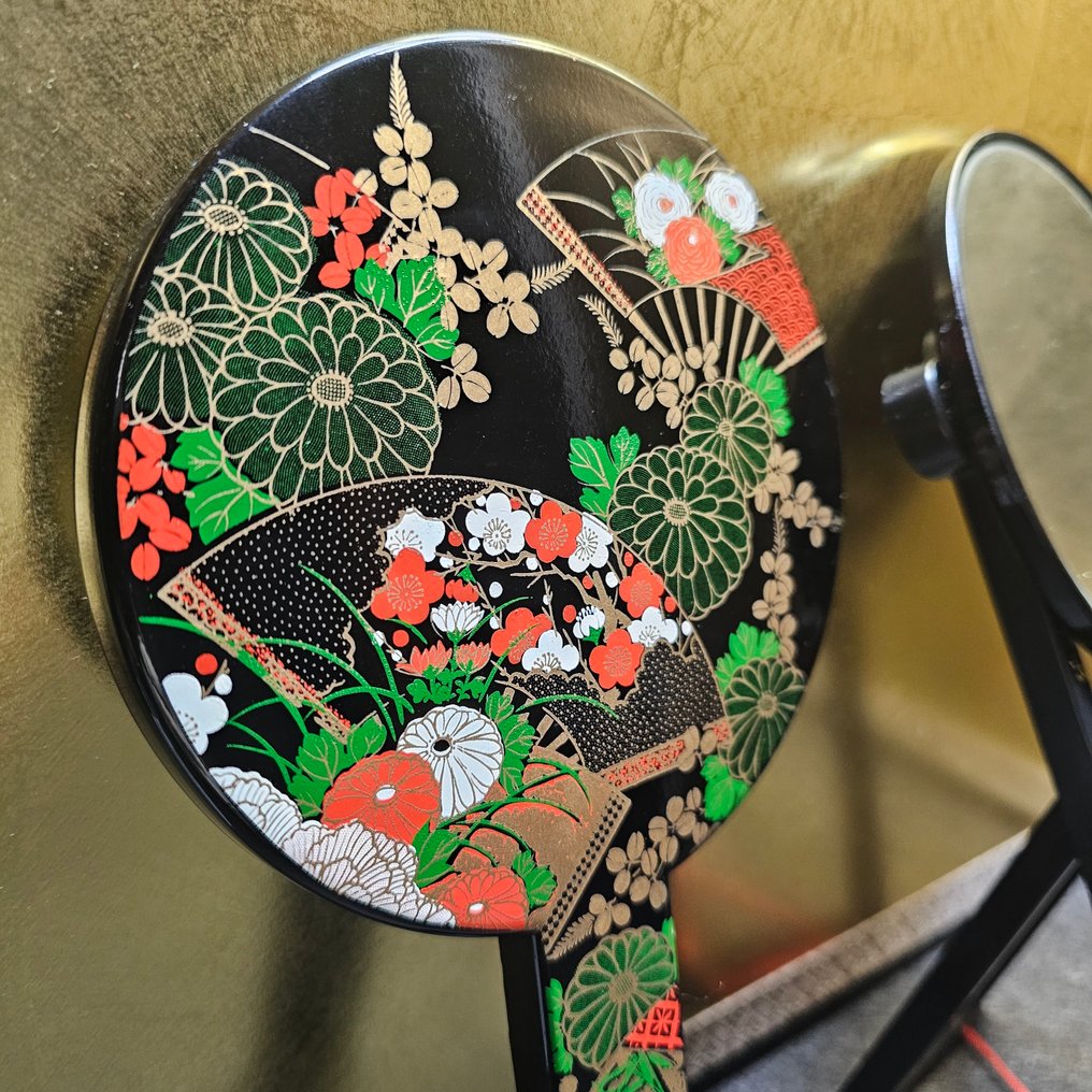 Yamanaka Lacquerware - Keiho (経峰) - Καθρέφτης χειρός - Γυαλί - Χρυσάνθεμο & Σχεδιασμός ανεμιστήρα #1.0