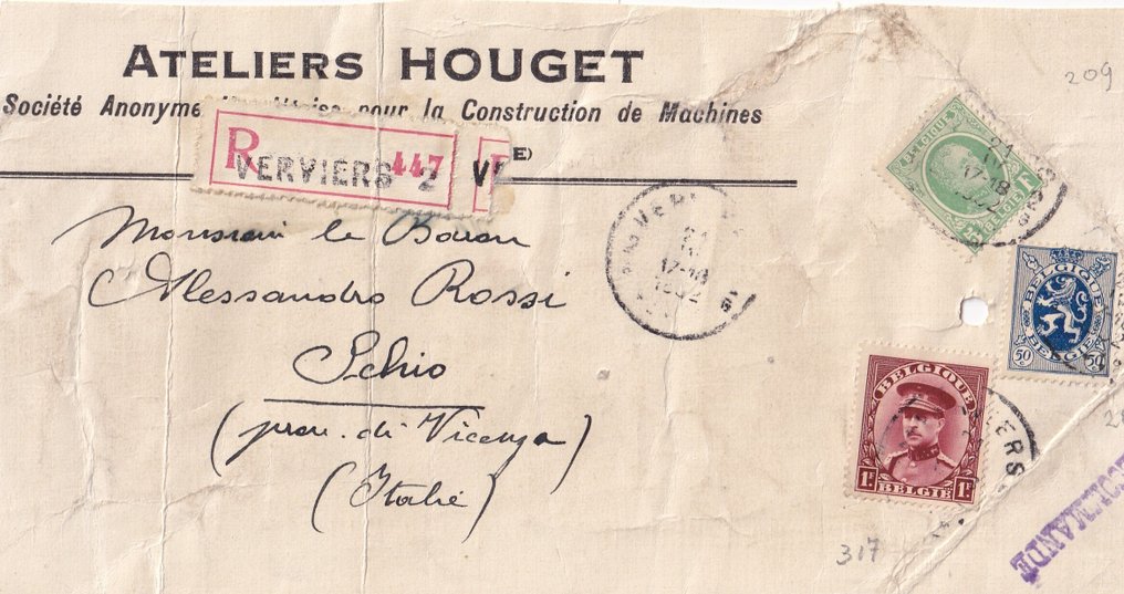 比利時 1927/1947 - 3个哀悼信封，带有来自Verviers和Liege的多样邮资，寄往意大利，带有+2挂号邮资。 #3.2