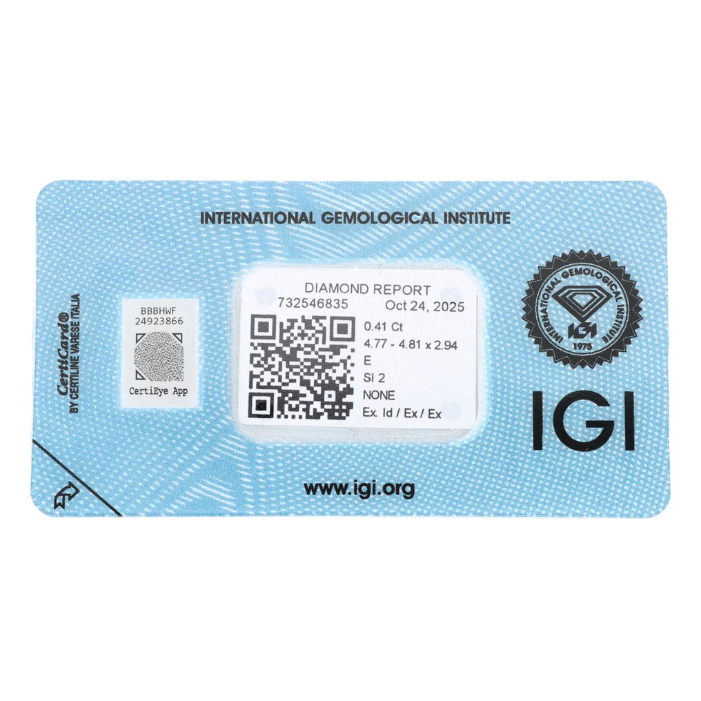 沒有保留價 - 1 pcs 鑽石  (天然)  - 0.41 ct - 圓形 - E(近乎完全無色) - SI2 - 國際寶石學院（International Gemological Institute (IGI)） #2.1