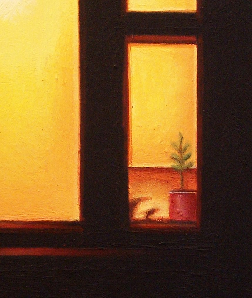 Gerard Boersma (1976) - Night Window (painting of a darkened house facade with lit interior) #1.0