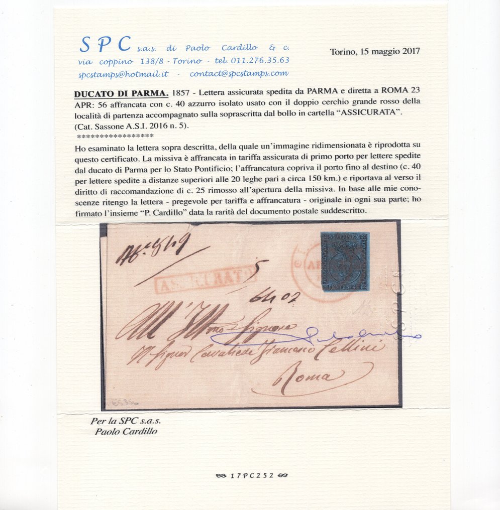 Starożytne państwa włoskie - Parma 1852 - 40 c. niebieski na list polecony od Parma do Rzymu. - Sassone 5 #3.2
