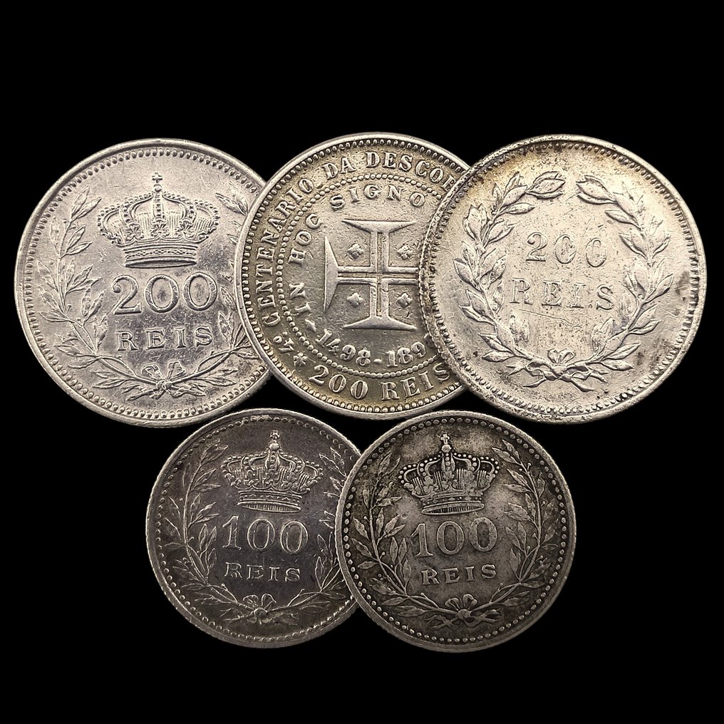 葡萄牙. 5 Silver Coins (2x 100 Reis + 3x 200 Reis) 1891/1898/1909/1910 (没有保留价) #1.0