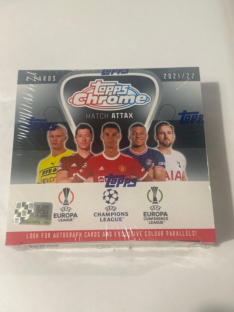 2021/22 Topps Chrome Erling Haaland, Robert Lewandowski, Cristiano Ronaldo, Kylian Mbappé Originalförpackning - 18 Box - Utmärkt (EX) #1.0
