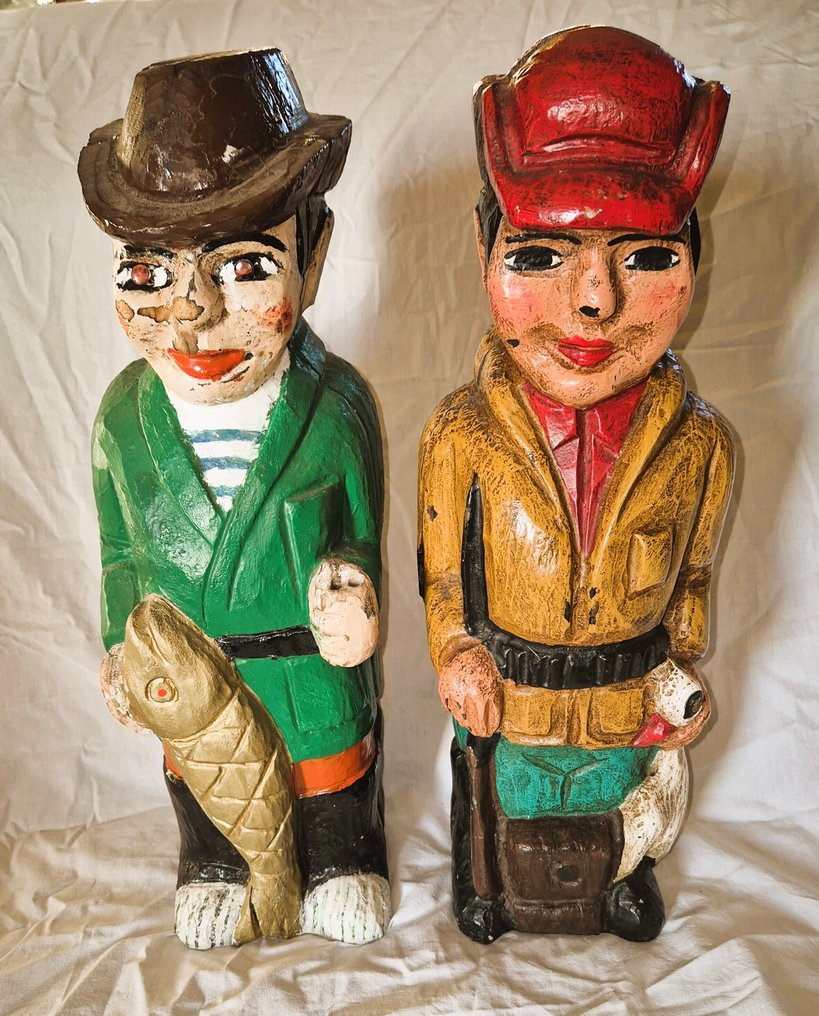 Γλυπτό, 2 Vintage wijnfleshouders - 44 cm - Ξύλο #1.0
