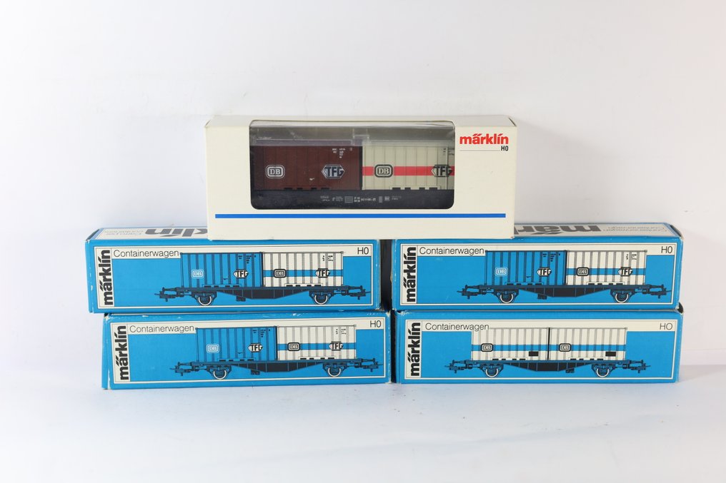 Märklin H0轨 - 4664/4760/4764/4670 - 模型火车货运车厢 (5) - 5 辆两轴集装箱车载货 - DB #2.1
