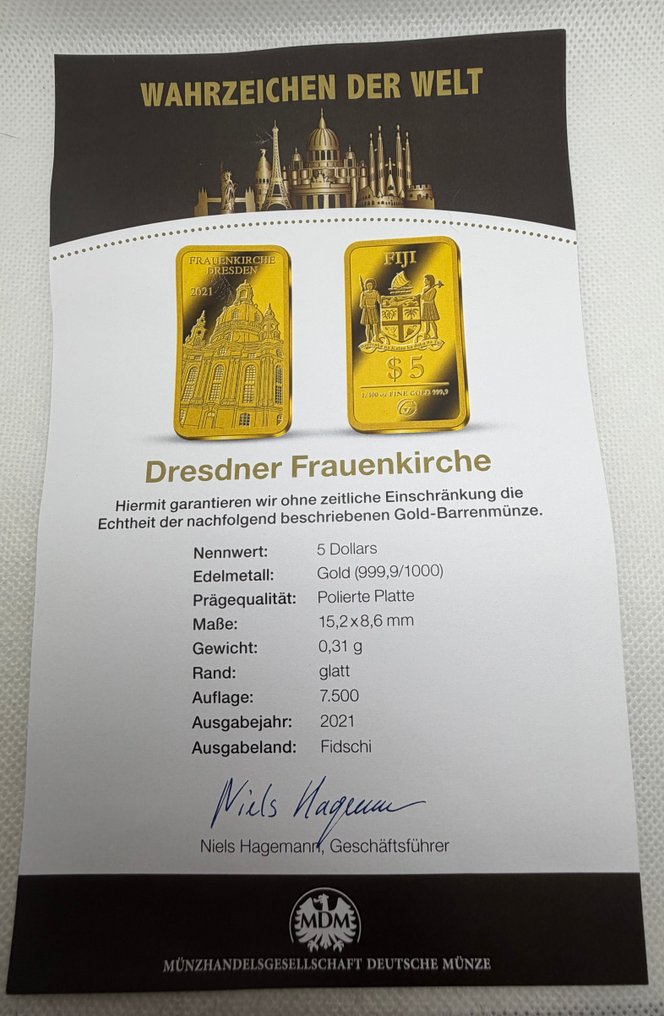 斐濟. 5 Dollars Frauenkirche Dresden , Oro 1/100 Oz (.999) Proof (沒有保留價) #4.3