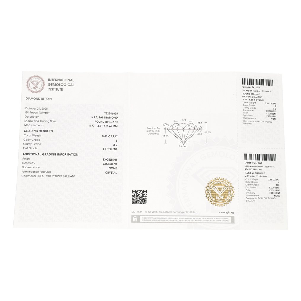 沒有保留價 - 1 pcs 鑽石  (天然)  - 0.41 ct - 圓形 - E(近乎完全無色) - SI2 - 國際寶石學院（International Gemological Institute (IGI)） #3.2