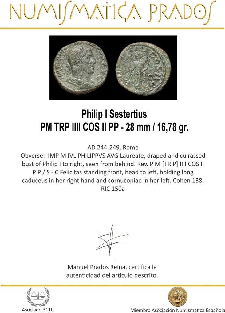 Ρωμαϊκή Αυτοκρατορία. Philip I (AD 244-249). Sestertius PM TRP IIII COS II PP  (χωρίς τιμή ασφαλείας) #1.0