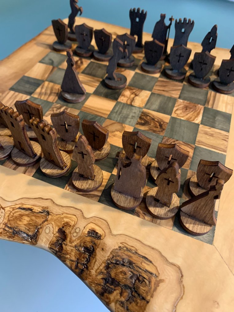 Skakbord - Træ, Oliventræ - håndskabte #1.0