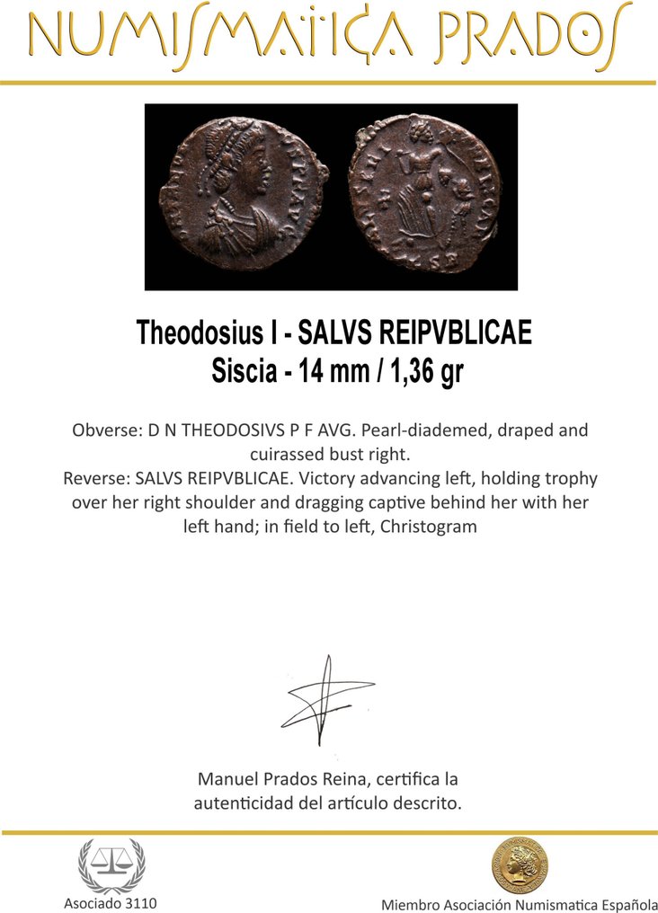 羅馬帝國. 狄奧多西一世 (AD 379-395). SALVS REIPVBLICAE, Siscia  (沒有保留價) #1.0