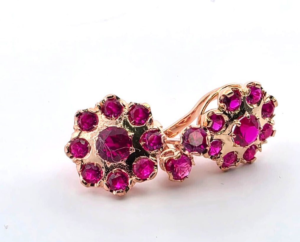 沒有保留價 - 耳環 - 9 節 玫瑰金, 銀 紅寶石 - 藍寶石 #1.0