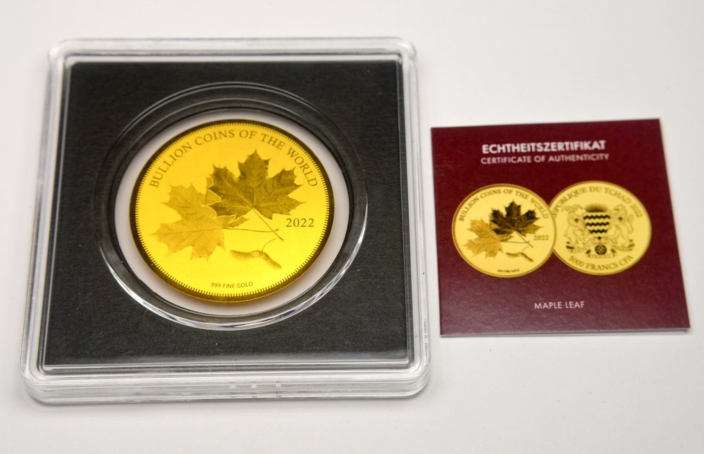 Chade. 5000 Francs 2022 Canadian Maple Leaf - Bullion Coins of the World - 1/200oz (.999)  (Sem preço de reserva) #1.0