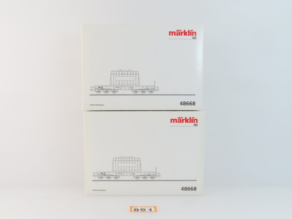 Märklin H0 - 48668 - Modelltog godsvogn (2) - 2x 6-akslede plattformvogner med last (transformator med påtrykk «HKM») - DB #2.1