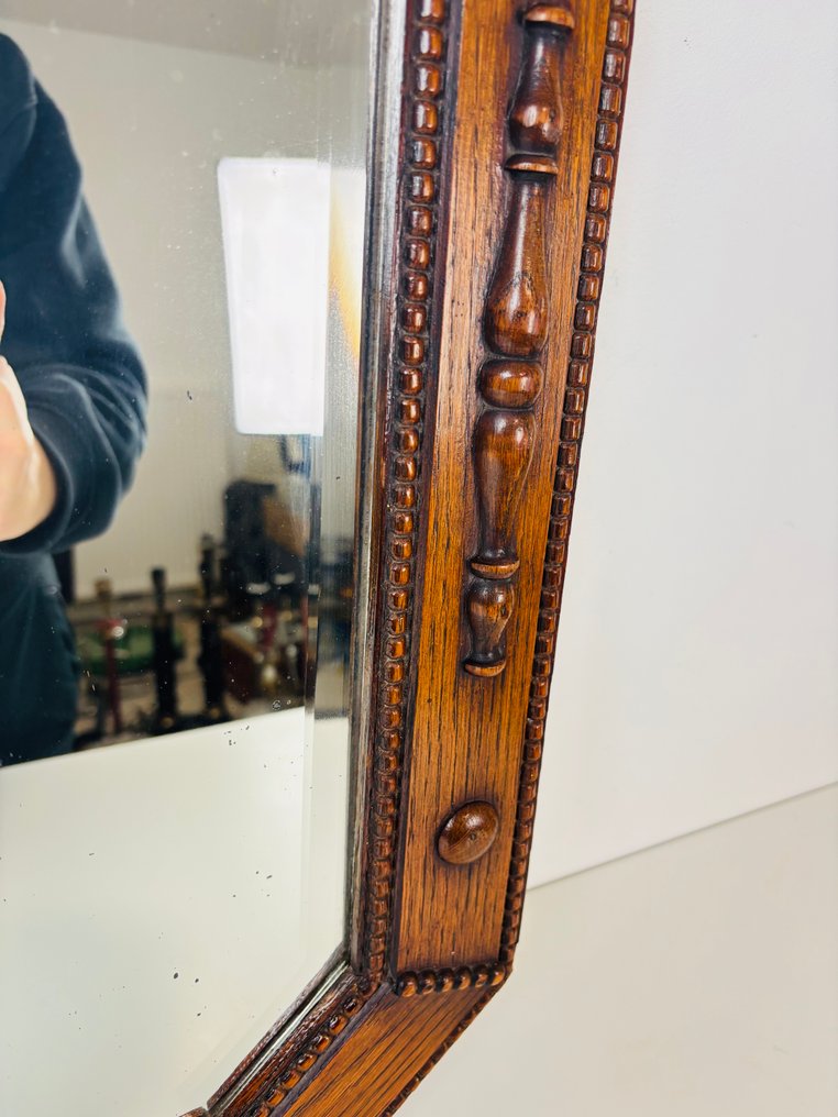Mirror- Antique octagonal oak wall mirror with facet glass. - Wood, Glass #4.3