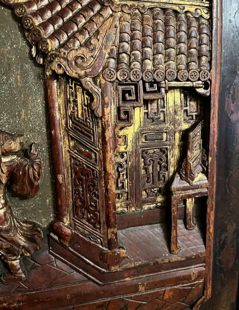 古董中国木雕金饰宫廷场景装饰木板 - 木 - 中國 - 20世紀 #1.0