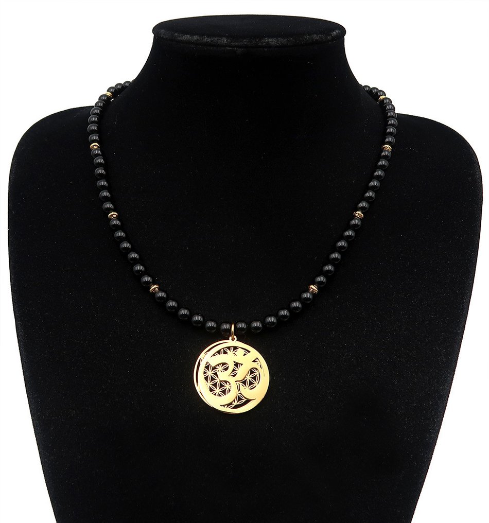 黑曜石 - Om 与 Fleur de Vie：原始振动，宇宙和谐 - 14K GF 黄金扣 - 吊坠项链 #2.1