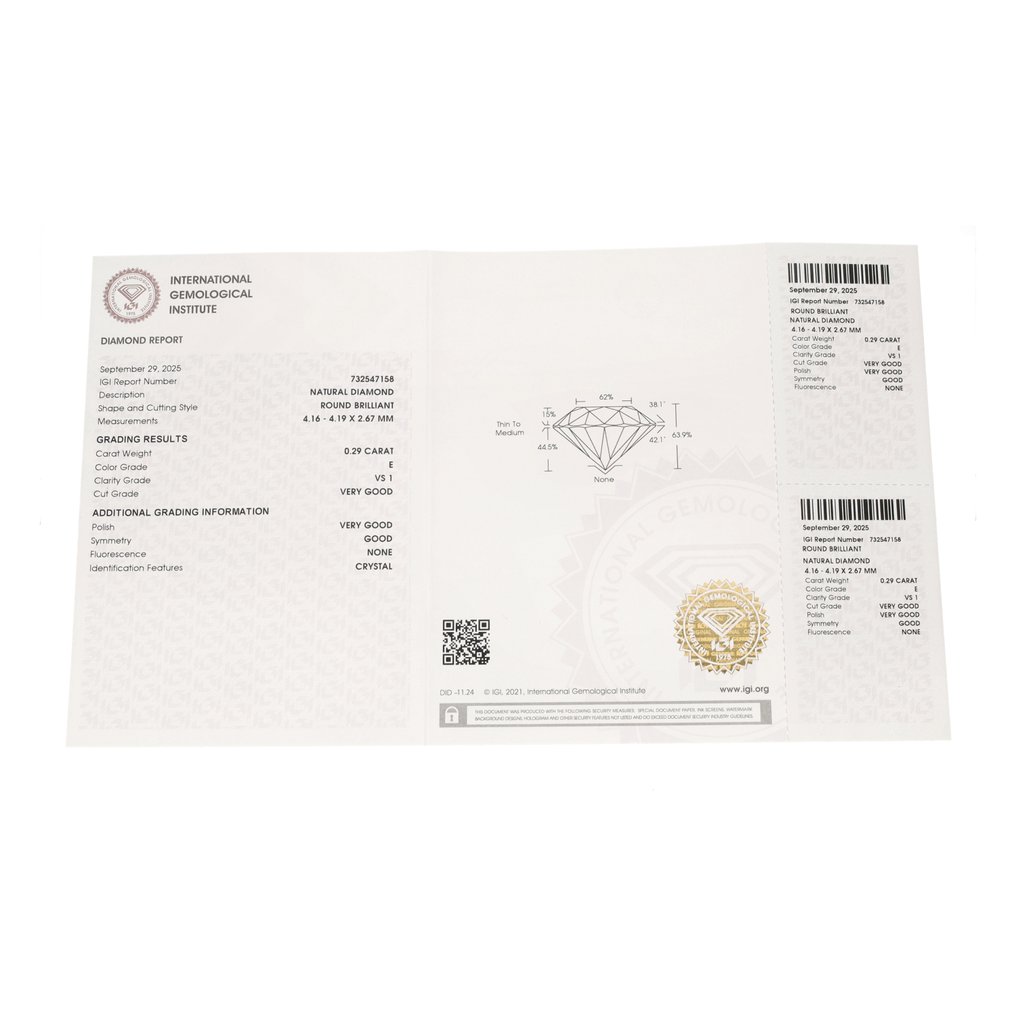 沒有保留價 - 1 pcs 鑽石 (天然) - 0.29 ct - 圓形 - E(近乎完全無色) - VS1 - 國際寶石學院(International Gemological Institute (IGI)) #3.2