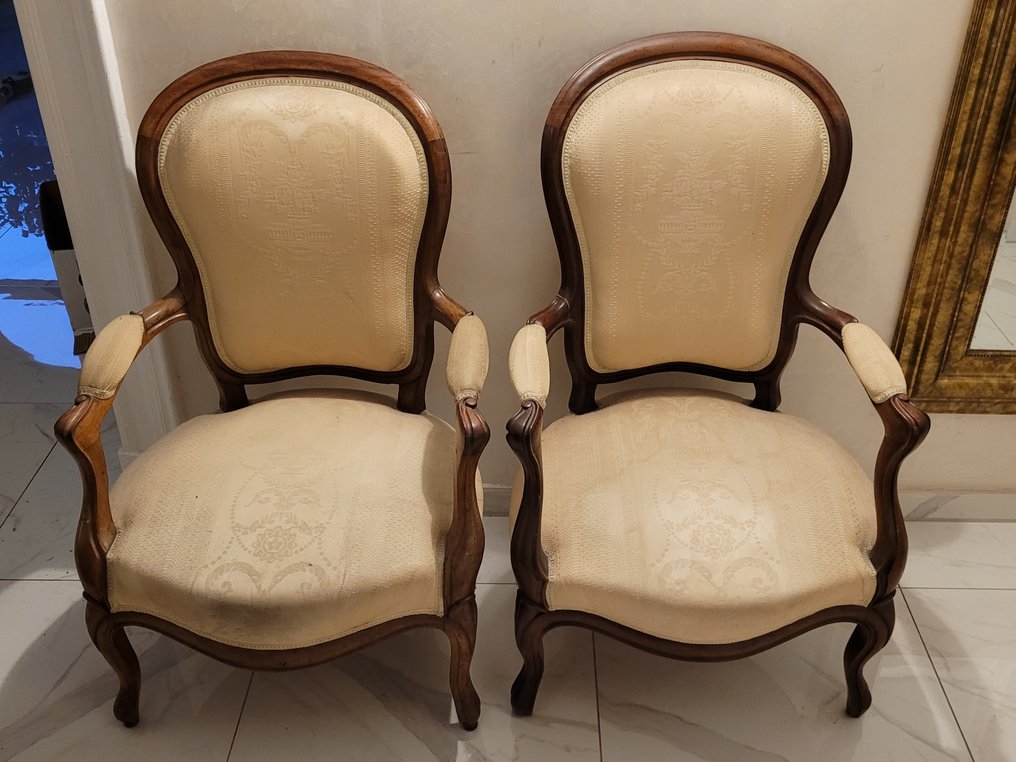 Paar antike Sessel – Louis-Philippe-Stil – Massivholz, gepolstert - Stol (2) - Tre #1.0