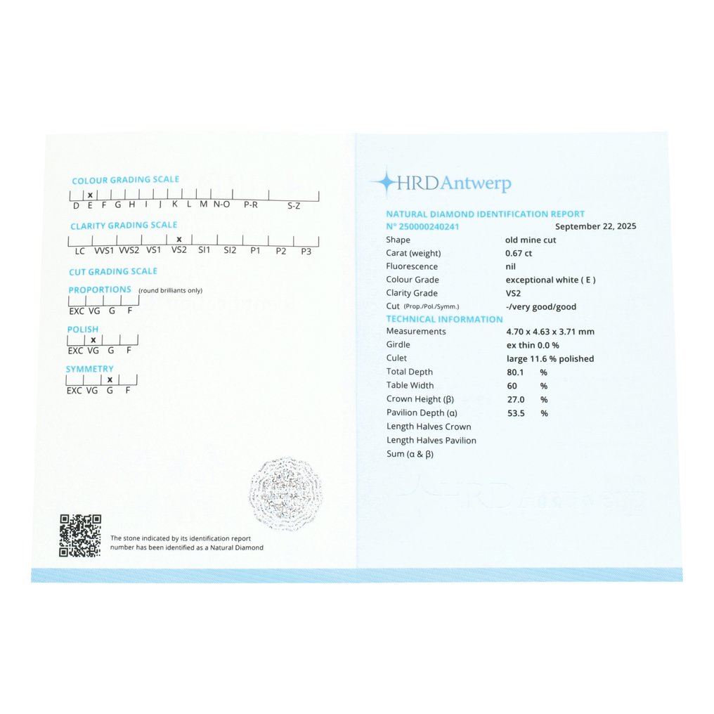 沒有保留價 - 1 pcs 鑽石 (天然) - 0.67 ct - E(近乎完全無色) - VS2 - HRD Antwerp - Old Mine Cut #3.2