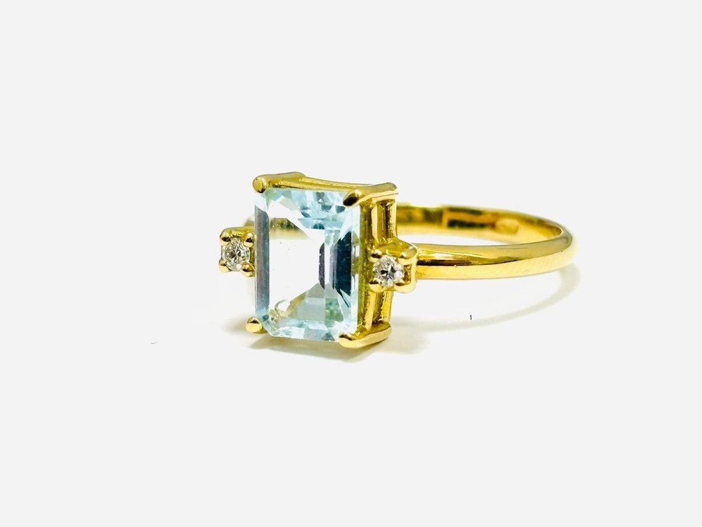 Inel - 18 ct. Aur galben -  1.82ct. tw. Aquamarine - Diamant - Made in Italy #3.2