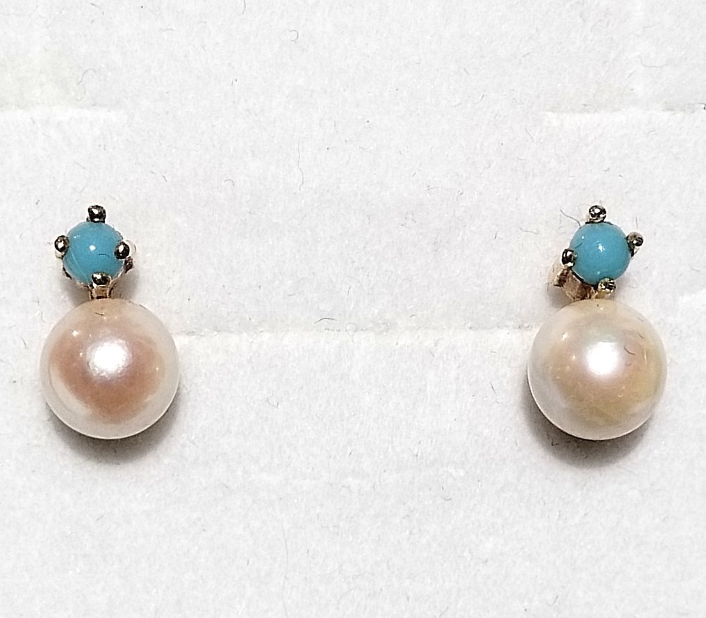 χωρίς τιμή ασφαλείας - Σκουλαρίκια - 18 καράτια Κίτρινο χρυσό Μαργαριτάρι - Τυρκουάζ #1.0