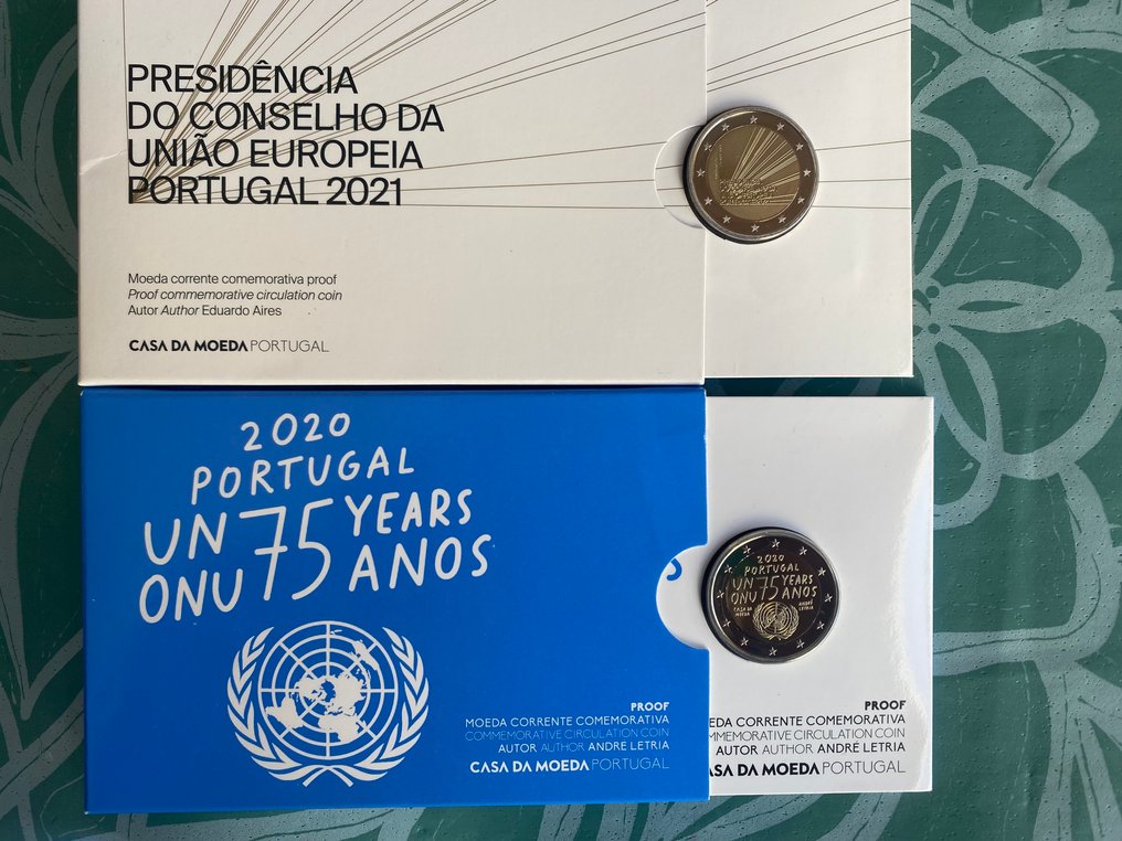 Portugalia. 2 Euro 2020/2021 "ONU" + "Presidência do Conselho da UE" (2 moedas) Proof  (Fără preț de rezervă) #1.0