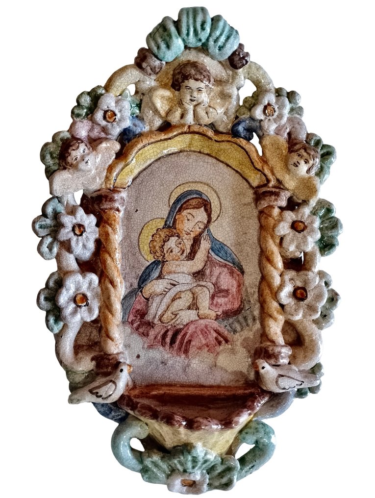  Κολυμβήθρα αγιασμού - Ceramica Salernitana - 20ος αιώνας - Madonna με παιδί - 31 εκ.  #1.0