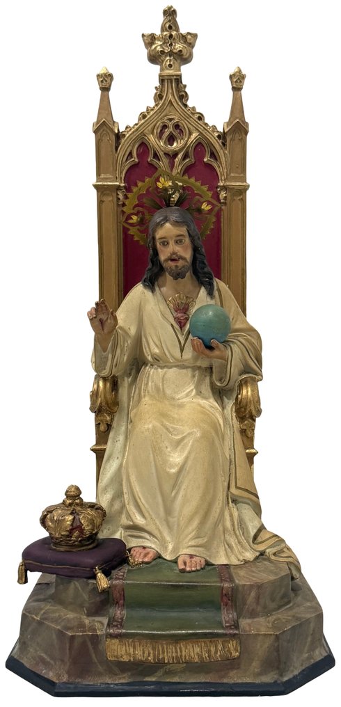 Olot - Γλυπτό, Sagrado Corazón de Jesús entronado - 55.5 cm - πάστα ξύλου, Ξύλο, Ορείχαλκος, Κρύσταλλο - 1920 #1.0